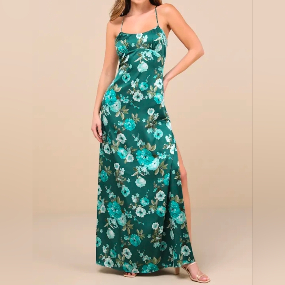 Lulus XS Wondrous Allure Green Floral Satin Backless Maxi Dress, Size XS - Picture 12 of 12